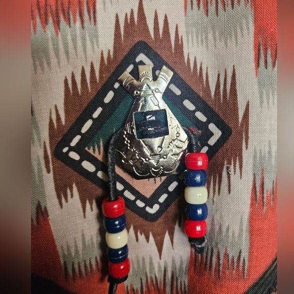 Vintage Red and Denim Western Tribal Beaded Concho Open Front Sweater Size L - Picture 4 of 9